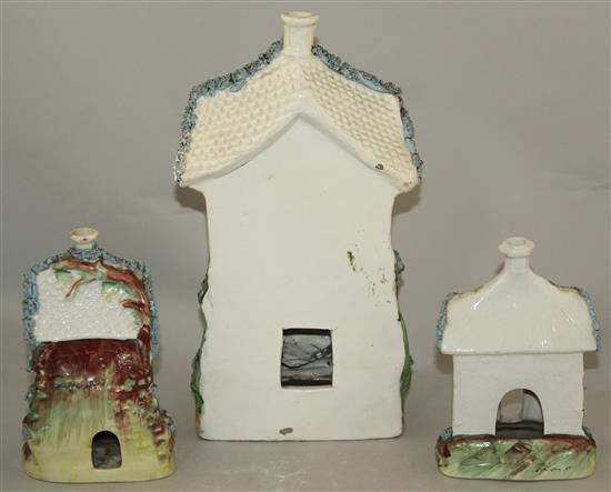 A rare large Staffordshire porcelain cottage pastille burner and two similar smaller examples, mid 19th century, 16 - 29cm